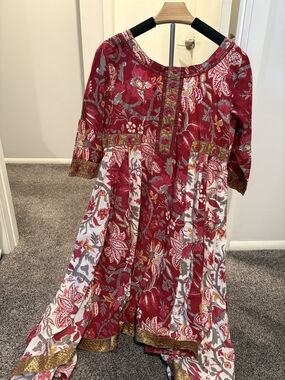 Red Floral Boho Maxi Dress with Gold Accents